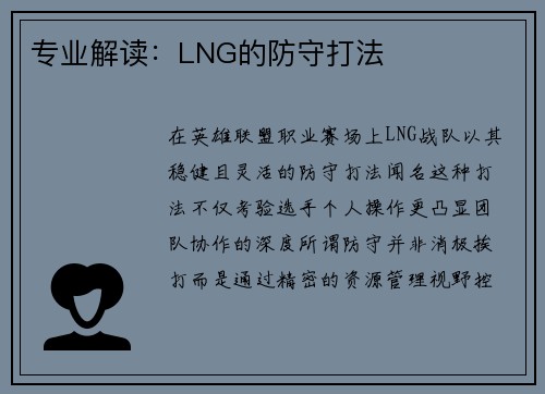 专业解读:LNG的防守打法