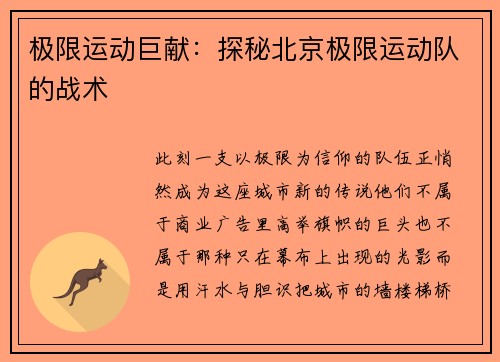 极限运动巨献:探秘北京极限运动队的战术