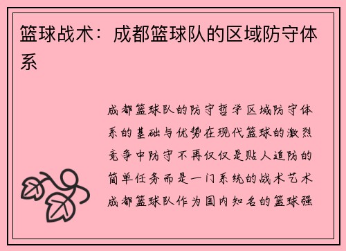 篮球战术:成都篮球队的区域防守体系
